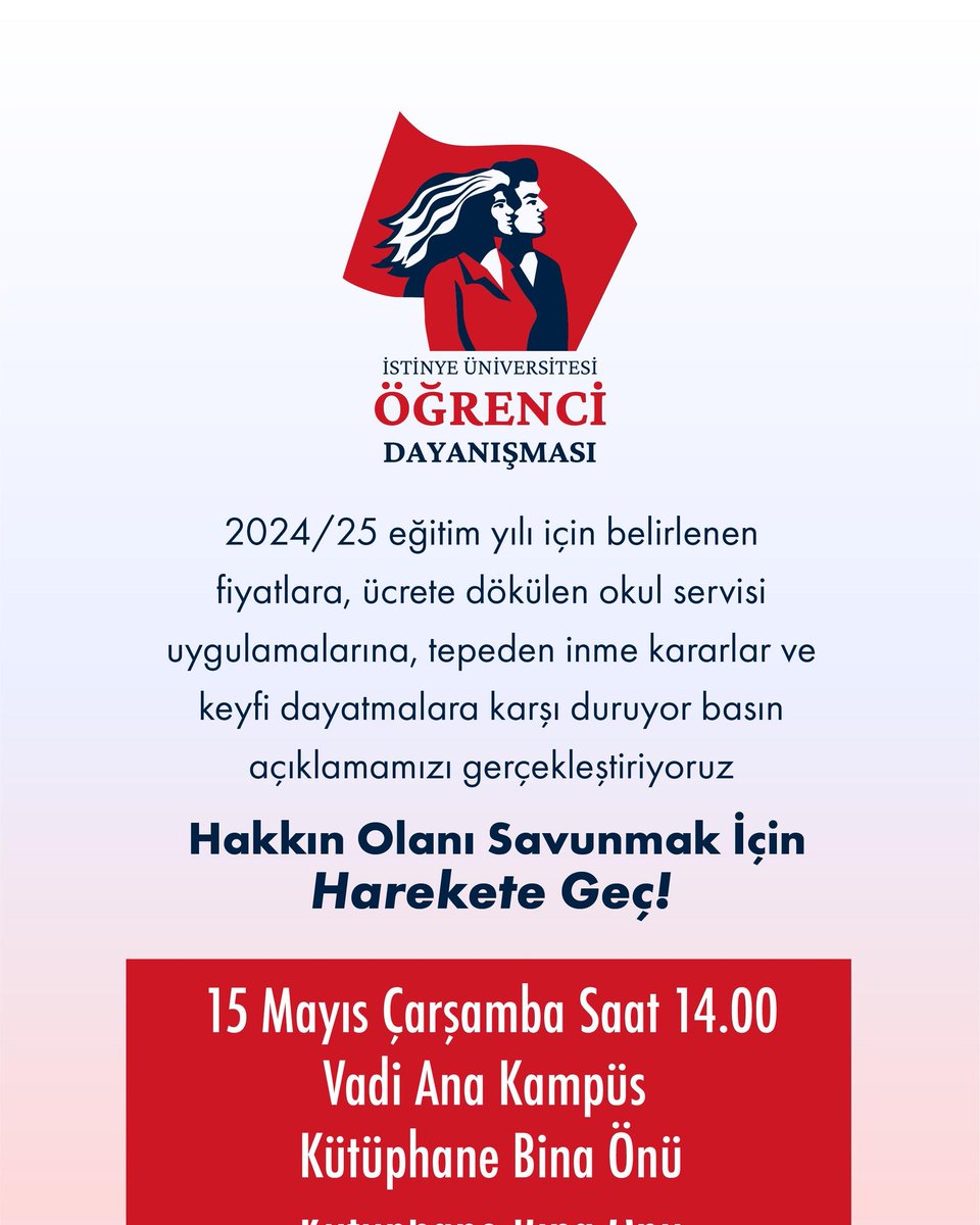 Söyleyecek sözümüzü söylemek, atacak adımımızı atmak için 15 Mayıs Çarşamba günü hep beraber hakkımız olanı savunmak için harekete geçiyoruz. Vadi Ana Kampüste buluşuyoruz. 🐐

<a href="/istinyeunivedu/">İstinye Üniversitesi</a>
#istinyeüniversitesi
#İstinyeÜniversitesiZamlarıGeriÇek