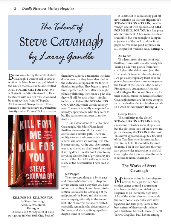 Congrats to Deadly Pleasures Mystery Magazine cover model @SteveCavanagh_! In addition to gracing the cover, his latest thriller KILL FOR ME, KILL FOR YOU gets straight A's from the magazine's reviewers!