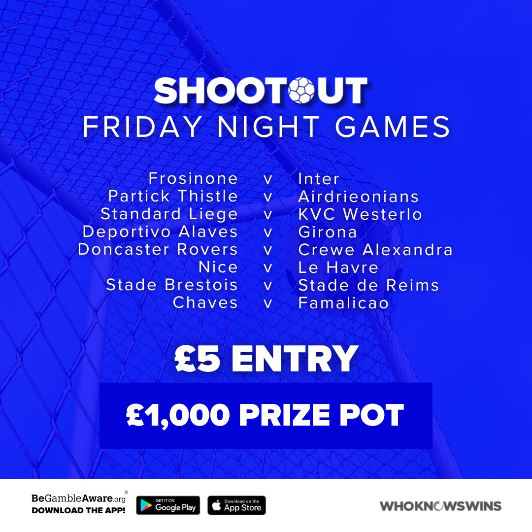 Friday Shootout is here! The first game kicks off at 7:45 pm  You don't have to get every guess correct 👇 🔗 wkw.page.link/BcLk 🔞 BeGambleAware.org