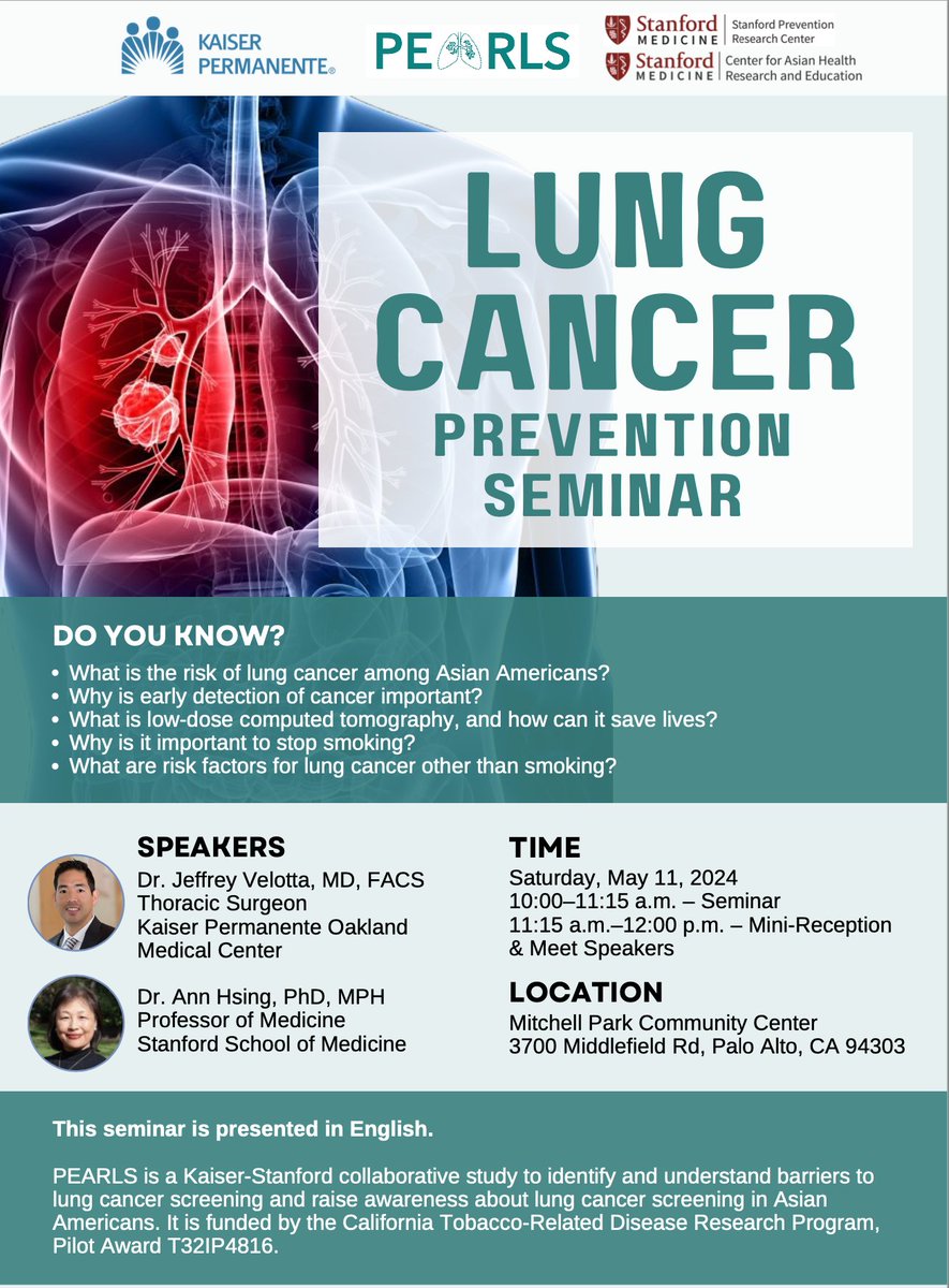 Let's talk about #lungcancer in #Asian communities! Join @JVelottaMD @kpnorcal @PermanenteDocs
and Ann Hsing @StanfordMed for a lung cancer prevention seminar in #PaloAlto on Saturday May 11 at the Mitchell Park Community Center. #AsianHealth #cancerprevention #cancerscreening