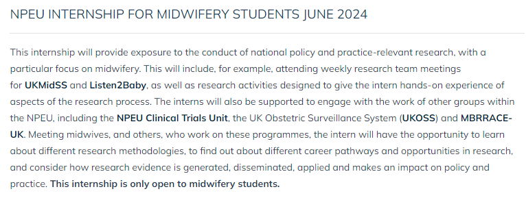 Student midwife internship opportunity for June 2024 @NPEU_UKMidSS @NPEU_Oxford @Oxford_NDPH Working with me and Alessandra Morelli - funded by @NIHRresearch Apply by 24th May ndph.ox.ac.uk/about/work-exp…