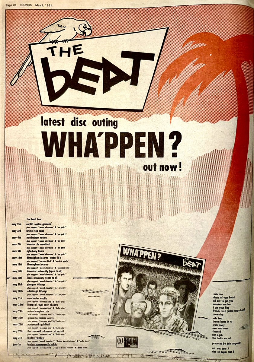 ZoundsAbound's tweet photo. Big pricy ads this week for the new LP by #OriginalMirrors, ‘Heart-Twango, Raw-Beat’, for #JoeEly’s new LP, ‘Musta Notta Gotta Lotta’, for ‘Wha’ppen’, the new LP by @TheBeat & for @therutsdc new release ‘Animal Now’
Sounds May 9th 1981 https://t.co/qenOBsTff9