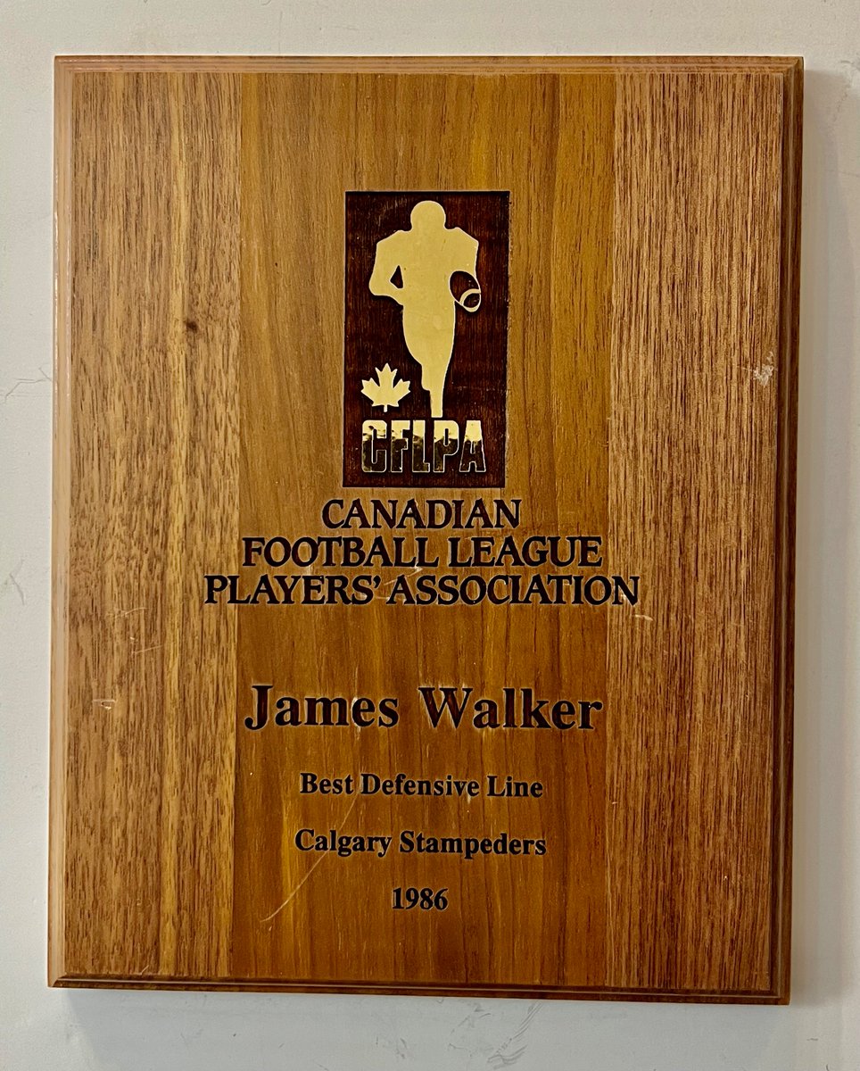 This plaque was awarded to Calgary Stampeders’ James Walker by Canadian Football Players Association for being part of the CFL’s Best Defensive Line in 1986. Walker recorded 31 defensive tackles, one pass knockdown, one forced fumble and 7 sacks playing just 11 of 18 games.