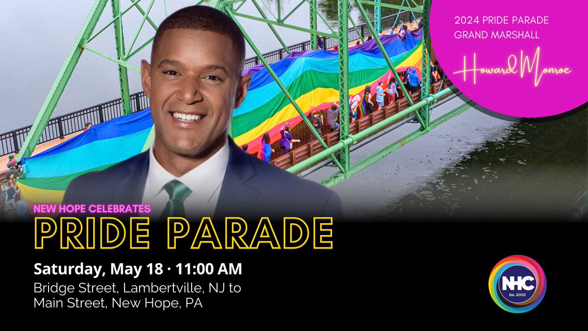 We're excited to announce our 21st Annual PrideFest 2024 #GrandMarshall, who will lead our #PrideParade - @HMonroeNews! He is an openly LGBTQ+ news anchor & reporter for @CBSPhiladelphia. Learn about Howard on @PhillyGayNews: tinyurl.com/469vdnc8 #NewHopeCelebrates #HearUsRoar