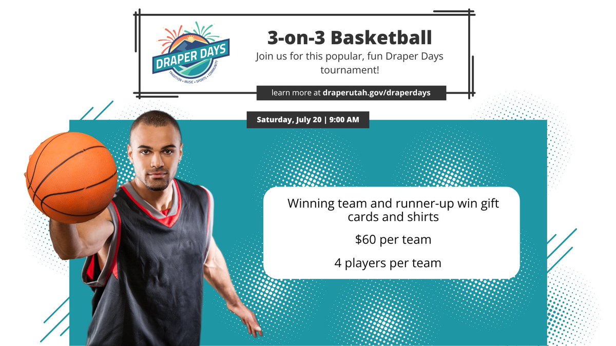 Join us for this popular, fun 3-on-3 basketball tournament. Registration is required, visit draperutah.gov/draperdays for more information.