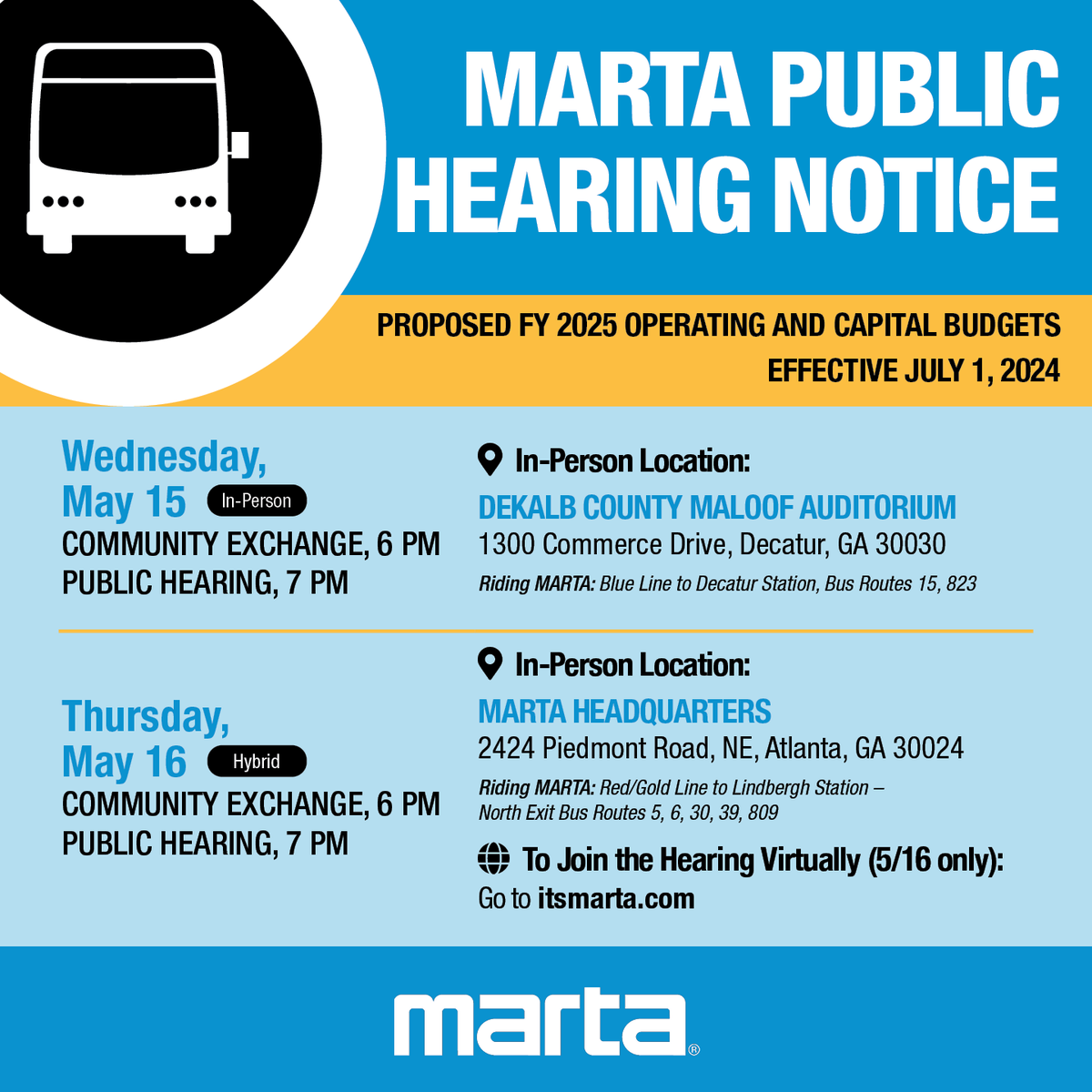 MARTA Board of Directors will hold in-person and virtual public hearings to consider the proposed fiscal year 2025 Operating and Capital Budgets on Wed., 5/15 at 7 p.m. and Thurs., 5/16 at 7 p.m., with a community exchange session beginning one hour earlier. Learn more:…