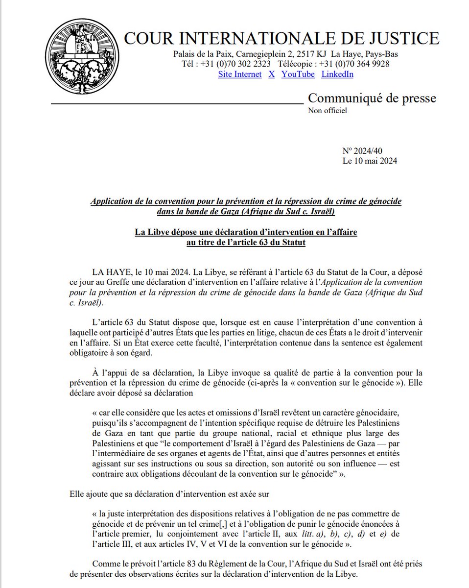 COMMUNIQUÉ: la #Libye dépose une déclaration d'intervention en vertu de l'art. 63 du Statut de la #CIJ en l'aff. de l'Application de la convention pour la prévention et la répression du crime de génocide dans la bande de Gaza (#AfriqueduSud c. #Israel) bit.ly/3QDHYnr