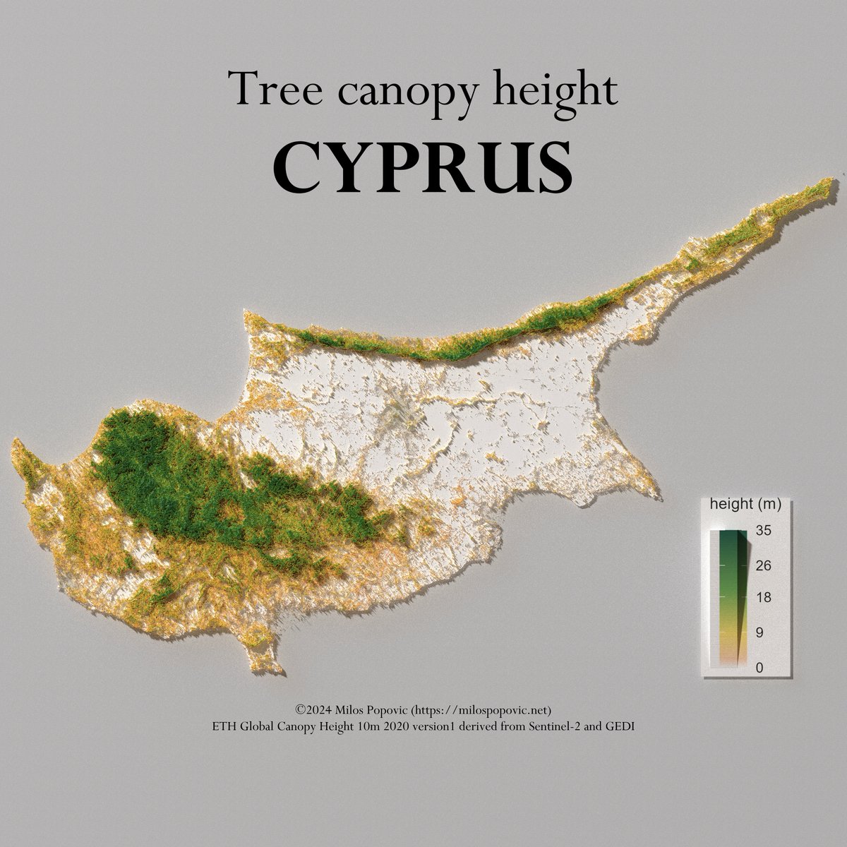 milos_gis's tweet photo. Hey, map geeks! 🌲 Explore Cyprus in 3D with my latest map.

Discover the island's forest canopy heights from 2020's ETH Global Sentinel-2 data. 📈

See how I make maps like this here: https://t.co/djMys3IMT2

Share and join the forest mapping conversation! 🌳 https://t.co/d5fD5yZR5J