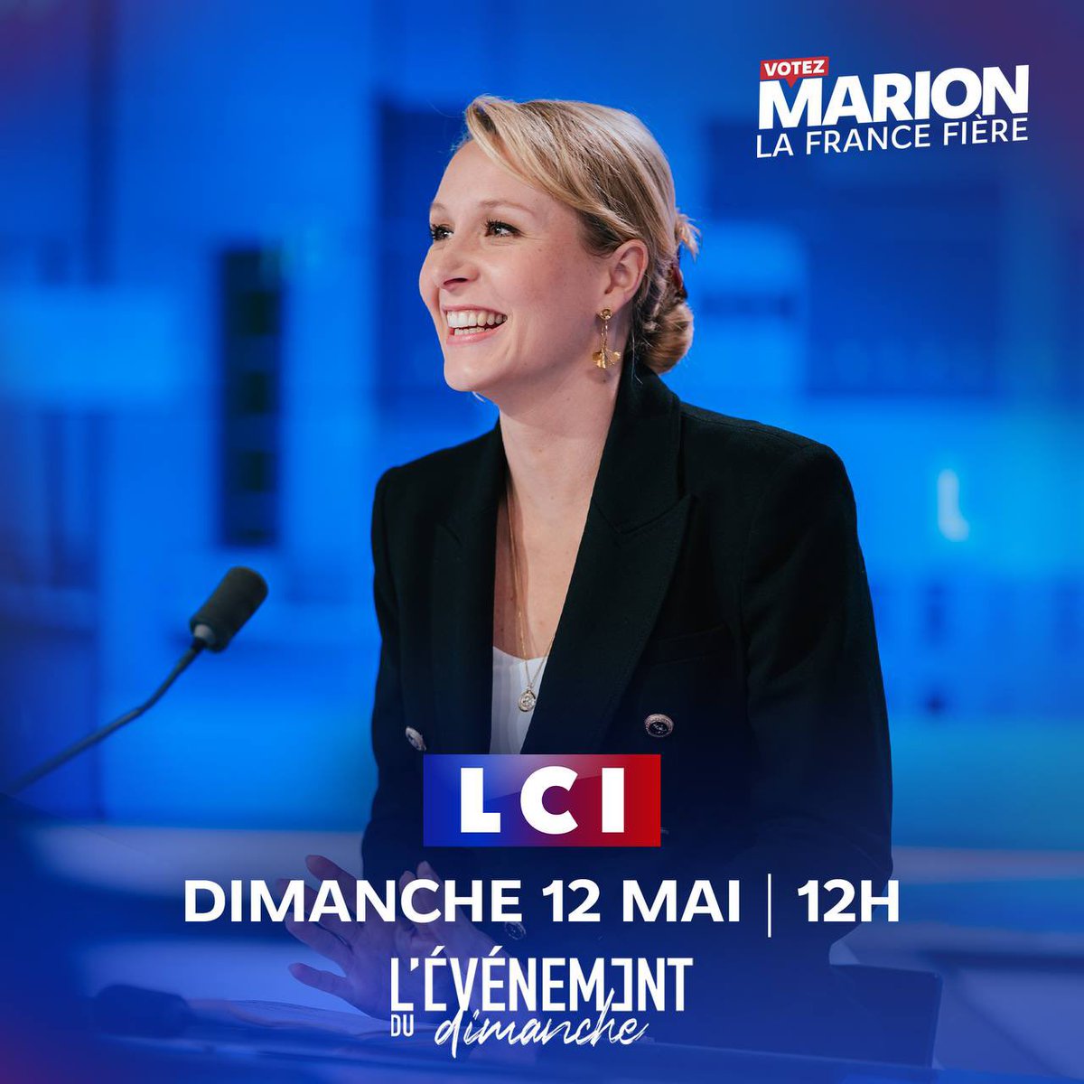 🔵⚪️🔴 À vos postes !

#MarionMaréchal nous donne RDV ce dimanche 12 mai à 12h sur #LCI.

Notre VP exécutive et tête de liste aux #Européennes2024 est l’invitée de Marie Chantrait dans l’émission 'L’Événement du dimanche LCI'.

#Zemmour #Reconquête🌿
#VotezMarion #LaFranceFière🇫🇷