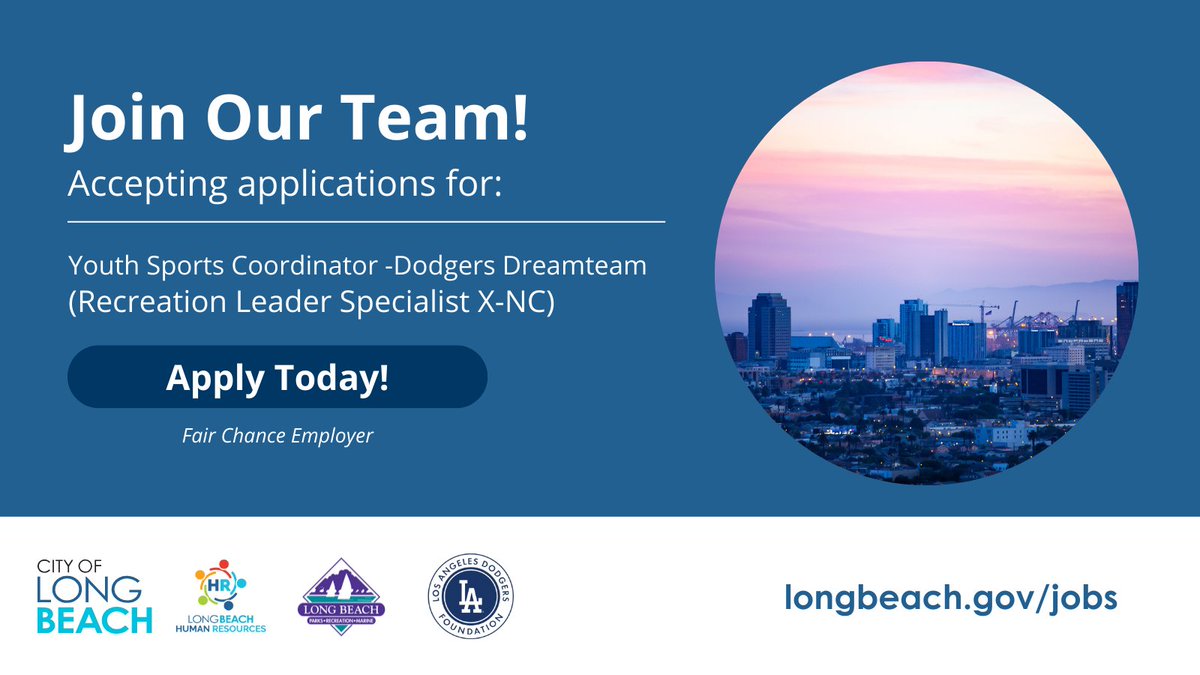 🏞️@LongBeachParks is seeking a Youth Sports Coordinator-Dodgers Dreamteam, who will work in partnership with the Los Angeles Dodgers Foundation, the community & City staff. 
Apply today! bit.ly/3wpzr0n
🗓 Closing 5/21/24 11:59 p.m.
#lbcityjobs #nowhiring #governmentjobs