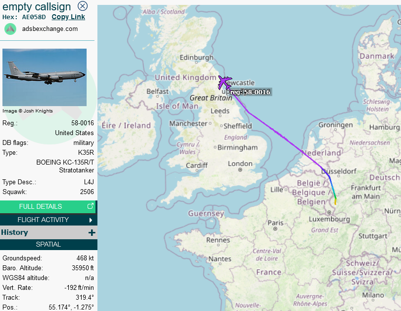 SirListenalot's tweet photo. 0550z #KC135 #AE058D #BLUE33 out of Spangdahlem for Fairchild was probably u/s regarding AR.
Later: "LN" #F15's (two showing as #TABOR84 / #ID) seem to have stopped at Aviano after their tankers separated at SUBOK. https://t.co/DIwicZZYsW