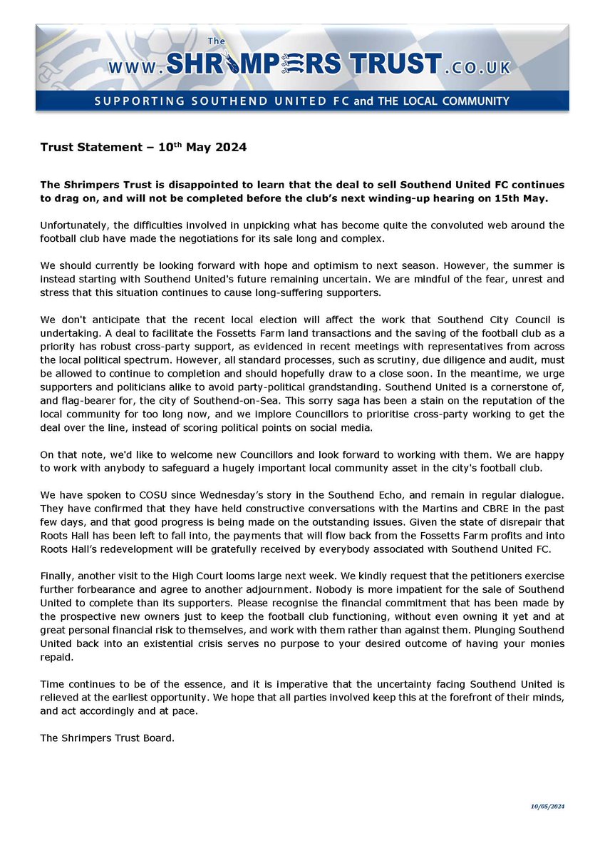 @shrimperstrust Statement - 10th May 2024 The Shrimpers Trust is disappointed to learn that the deal to sell Southend United FC continues to drag on, and will not be completed before the club’s next winding-up hearing on 15th May. shrimperstrust.co.uk/latest-news/st…
