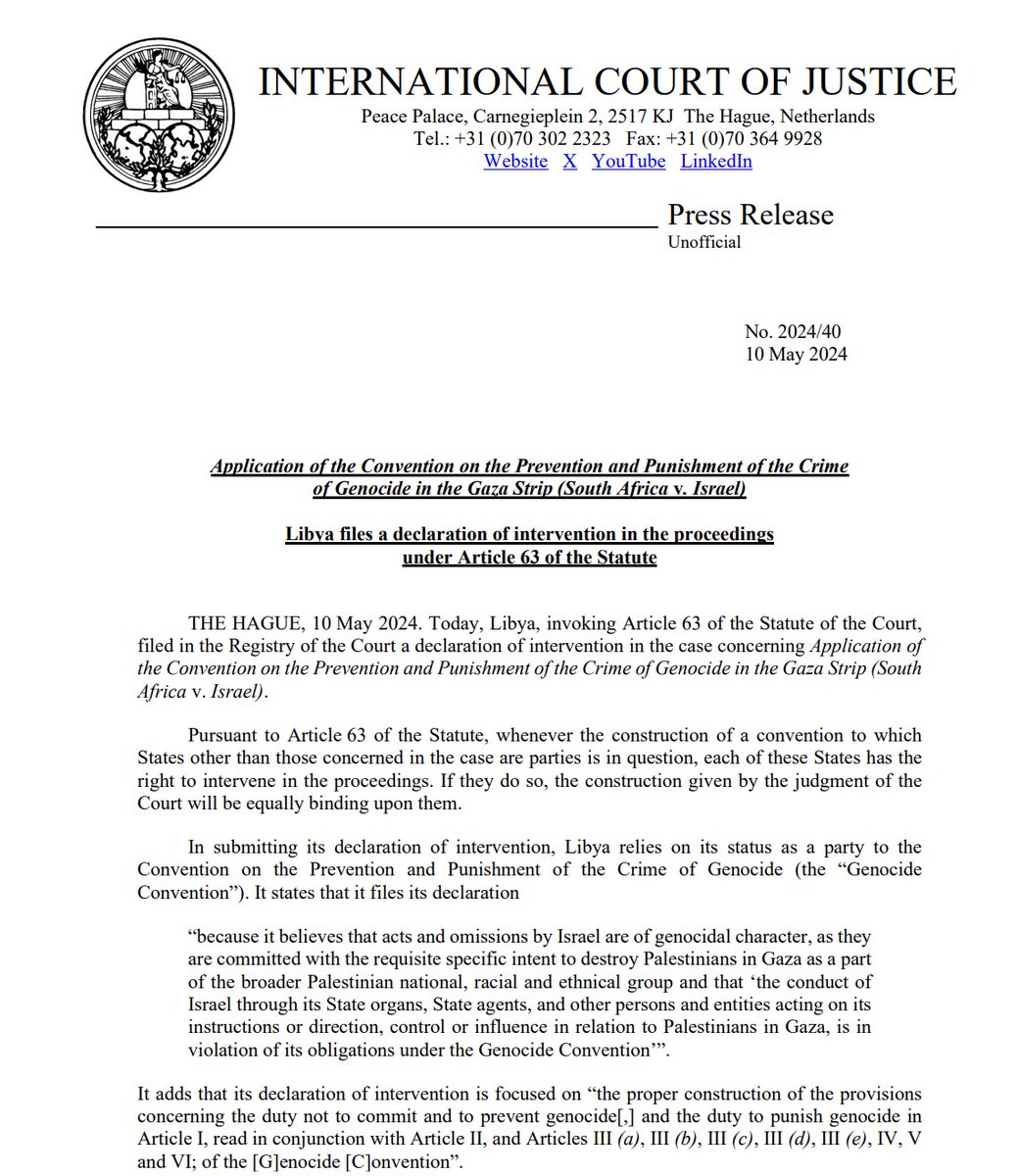 PRESS RELEASE: #Libya files a declaration of intervention under Article 63 of the #ICJ Statute in the case concerning Application of the Convention on the Prevention and Punishment of the Crime of Genocide in the Gaza Strip (#SouthAfrica v. #Israel) bit.ly/4dBPNUE