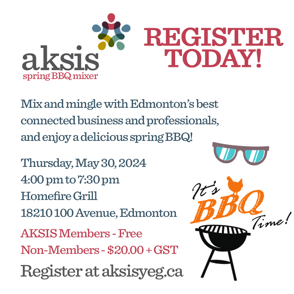 COMING UP MAY 30 - Register now for AKSIS' Spring BBQ Mixer!
May 30 at the Homefire Grill - 4 to 7:30 pm.
Mingle with the best connected and enjoy a spring BBQ.
Registration is FREE for AKSIS members. Non-Members $20.00.
Register at bit.ly/3K4YIQZ