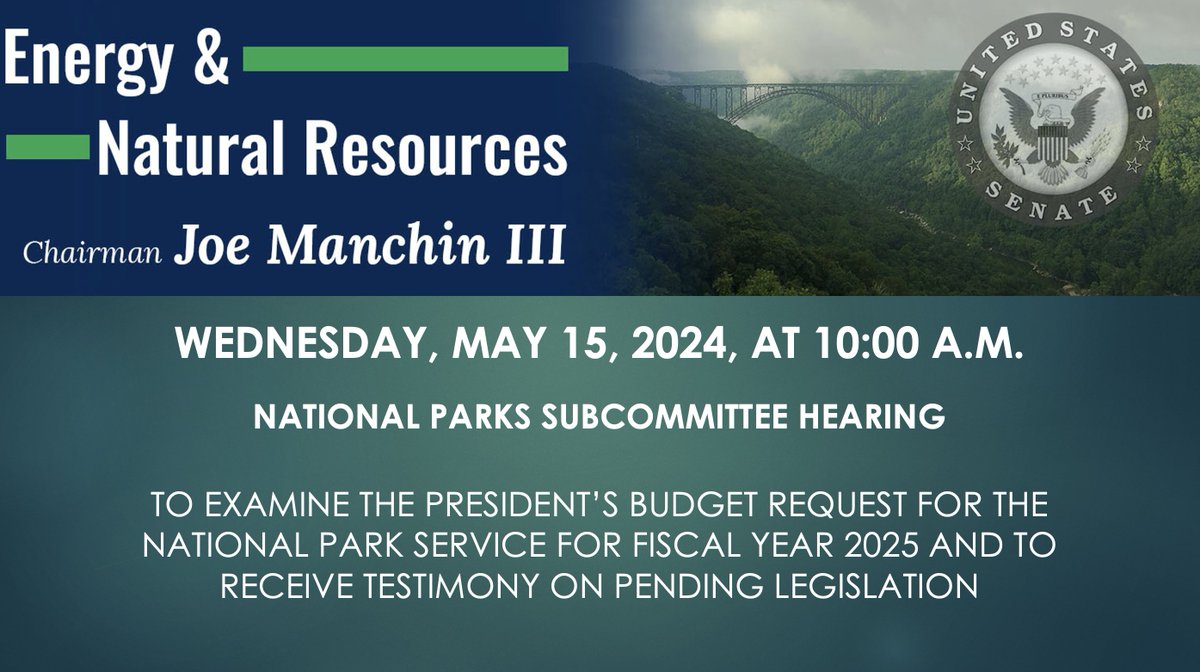 NOTICE: On Wednesday, May 15, National Parks Subcommittee Chair @SenAngusKing will hold a hearing to examine the President’s budget request for the @NatlParkService for Fiscal Year 2025 and to receive testimony on pending legislation. More: energy.senate.gov