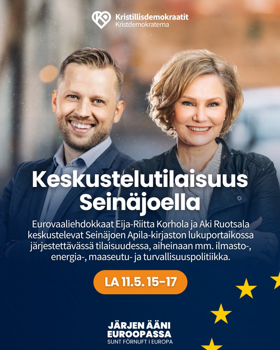 Hienoa päästä keskustelemaan @ER_Korhola kanssa huomenna lauantaina isoista EU-vaaliteemoista Seinäjoen pääkirjastossa. Teemoina ovat ainakin ilmasto- ja energiapolitiikka, maatalous ja turvallisuus. Tervetuloa mukaan!
