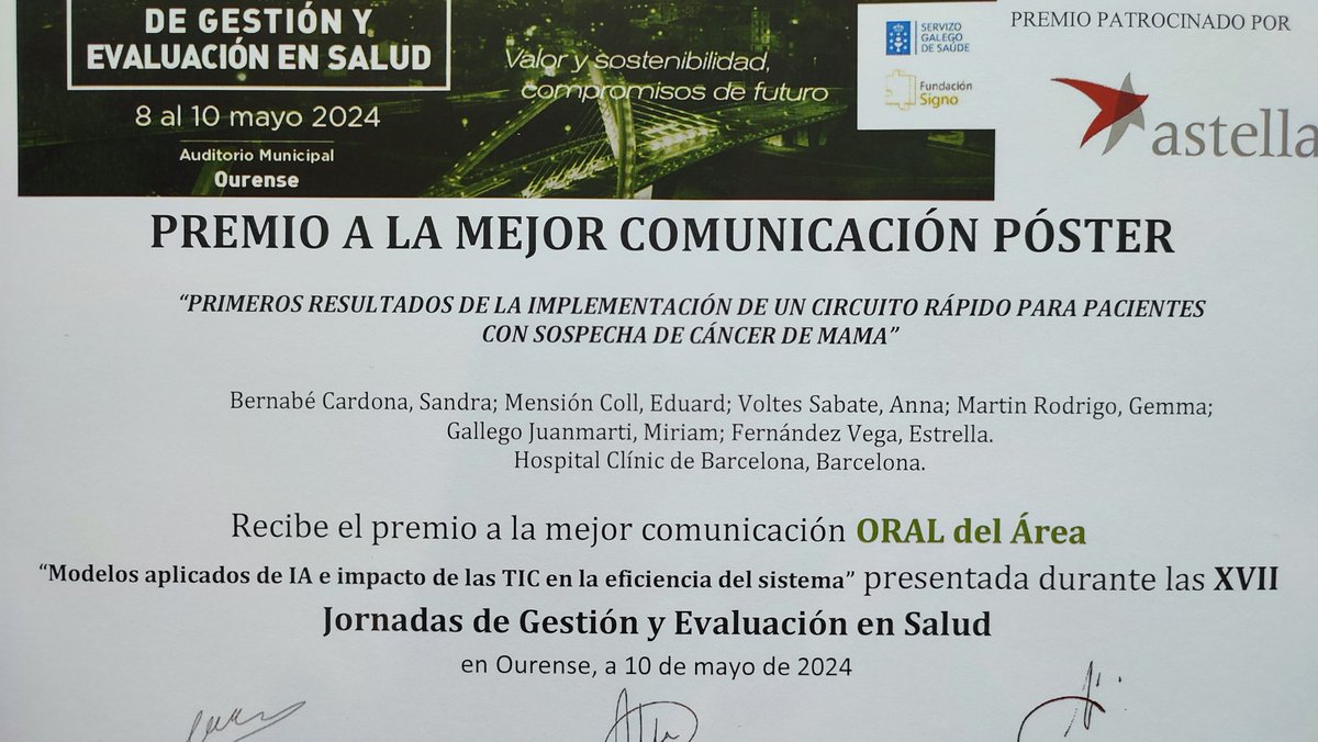 #JornadasSigno | Premio a la mejor comunicación póster de las XVII #Jornadas de #Gestión y #Evaluación en #Salud. ¡Enhorabuena y gracias por compartir vuestro trabajo en este foro de #FundaciónSigno y @Sergas_Ourense!