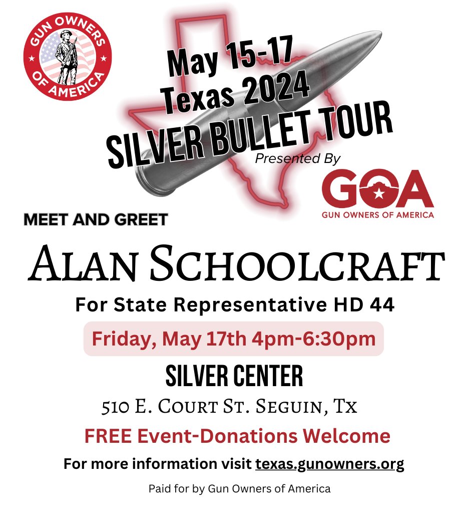 As a reminder, my campaign will host a meet-and-greet event with @GunOwners as part of their Silver Bullet Tour a week from today at the Silver Center in Seguin at 4:00pm! Join us for an evening with fellow Patriots @brianeharrison, @WesleyVirdell, & others! #2ndAmendment #txlege