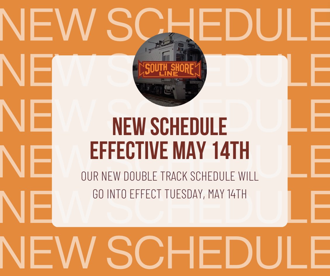 South Shore Line is pleased to announce the implementation of a new train schedule effective Tuesday, May 14, 2024. 🚂 loom.ly/HPzVpyI #southshoreline #doubletrack