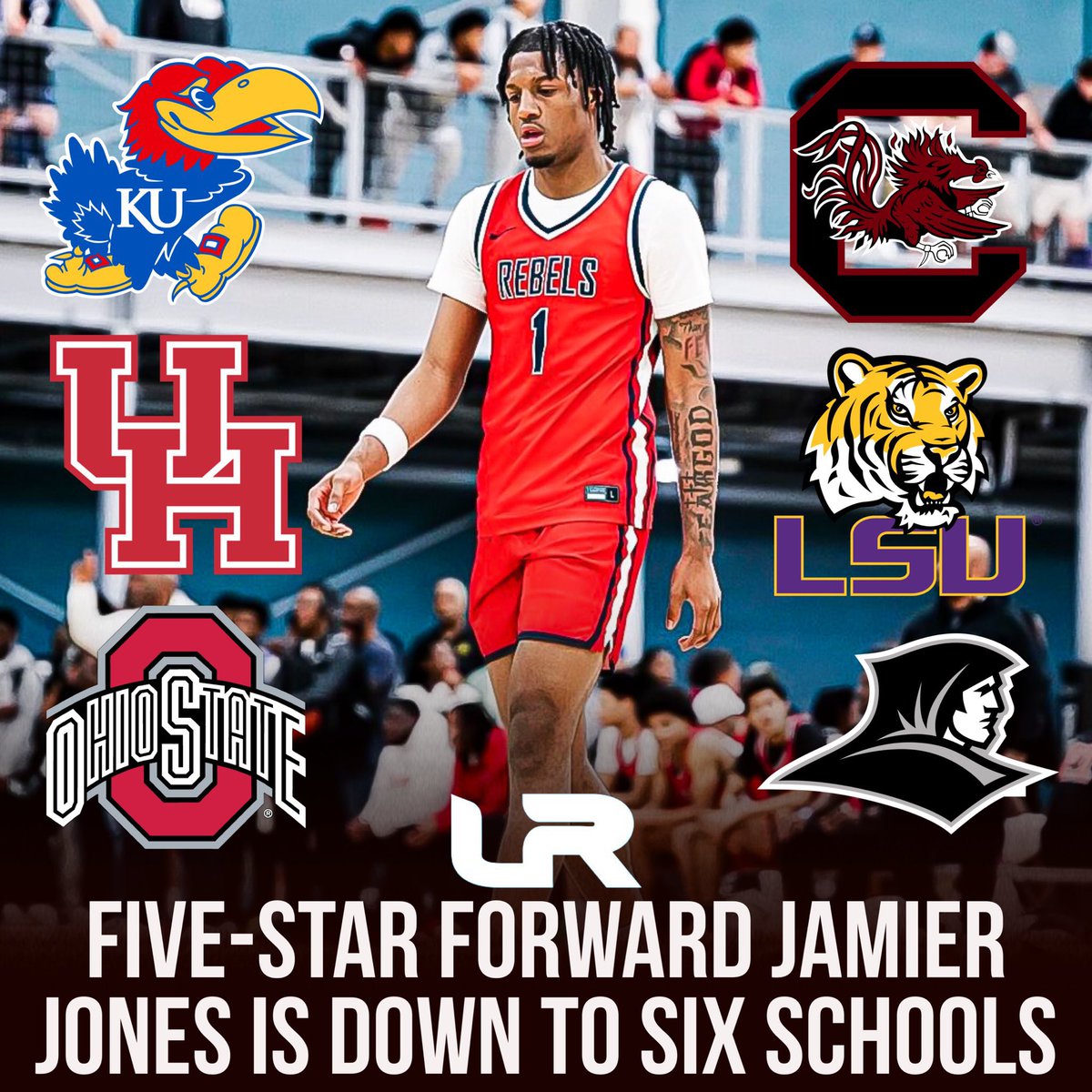 NEWS: 2025 5⭐️ Jamier Jones told @LeagueRDY he will be making his college announcement this Sunday. He’ll be deciding between these schools: Kansas Ohio State Providence South Carolina Houston LSU Jones is an athletic wing with tremendous explosiveness and versatility. Can