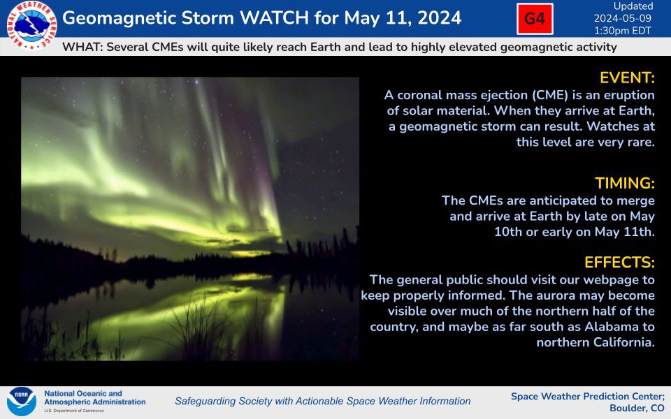 Geomagnetic storm, emanating from the sun, has been detected by our satellites. Great Aurora viewing opportunity across the northern latitudes of the U.S. tonight through this weekend (and maybe as far south as the Tennessee Valley!)