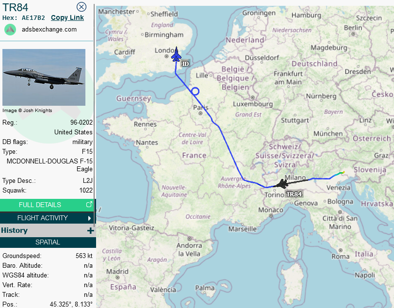 SirListenalot's tweet photo. 0550z #KC135 #AE058D #BLUE33 out of Spangdahlem for Fairchild was probably u/s regarding AR.
Later: "LN" #F15's (two showing as #TABOR84 / #ID) seem to have stopped at Aviano after their tankers separated at SUBOK. https://t.co/DIwicZZYsW