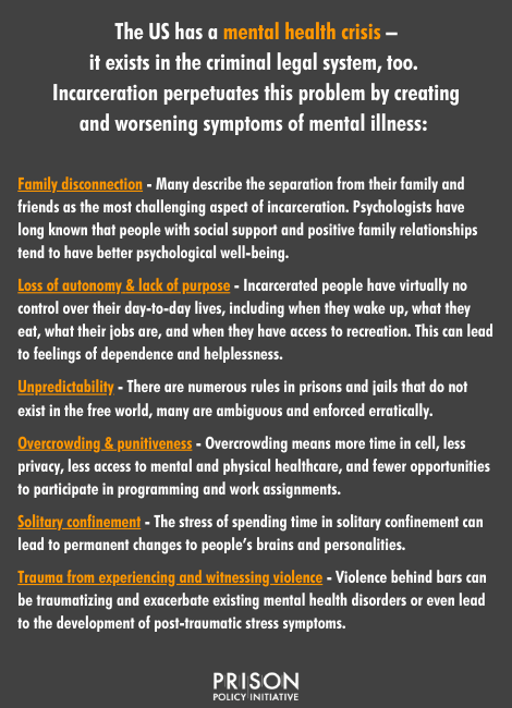 Incarceration can trigger and worsen symptoms of mental illness — and those effects can haunt individuals long after leaving the prison gates. prisonpolicy.org/blog/2021/05/1…
