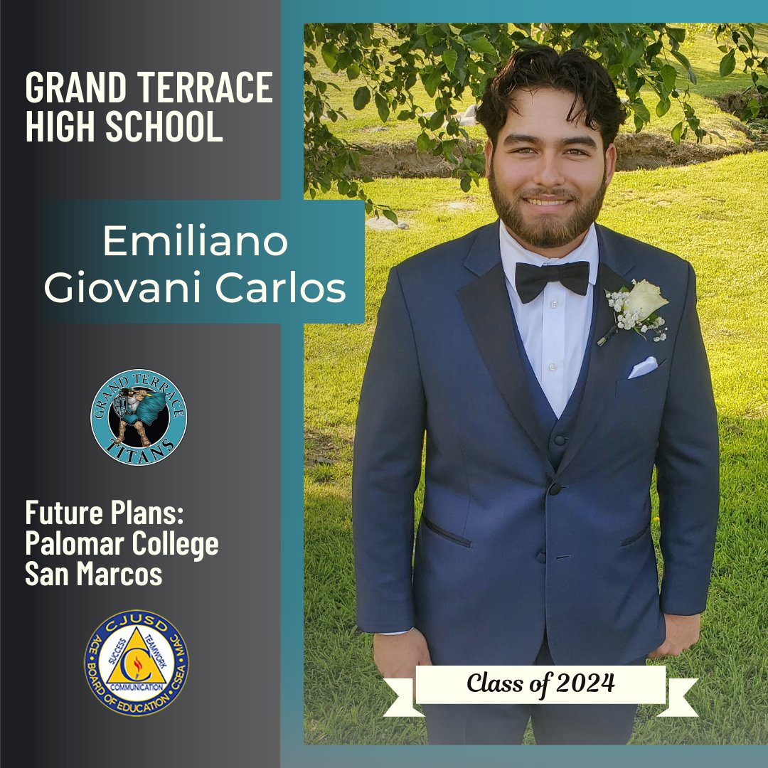 Congrats to Grand Terrace HS🎓senior Emiliano Giovani Carlos, who plans to attend Palomar College in San Marcos! We wish you all the best! #CJUSDCares #GTHS #GrandTerraceHighSchool ⚡️⚡️🎉 Seniors, to be featured in our #CJUSD Class of 2024 Spotlight, visit bit.ly/CJUSDsenior2024