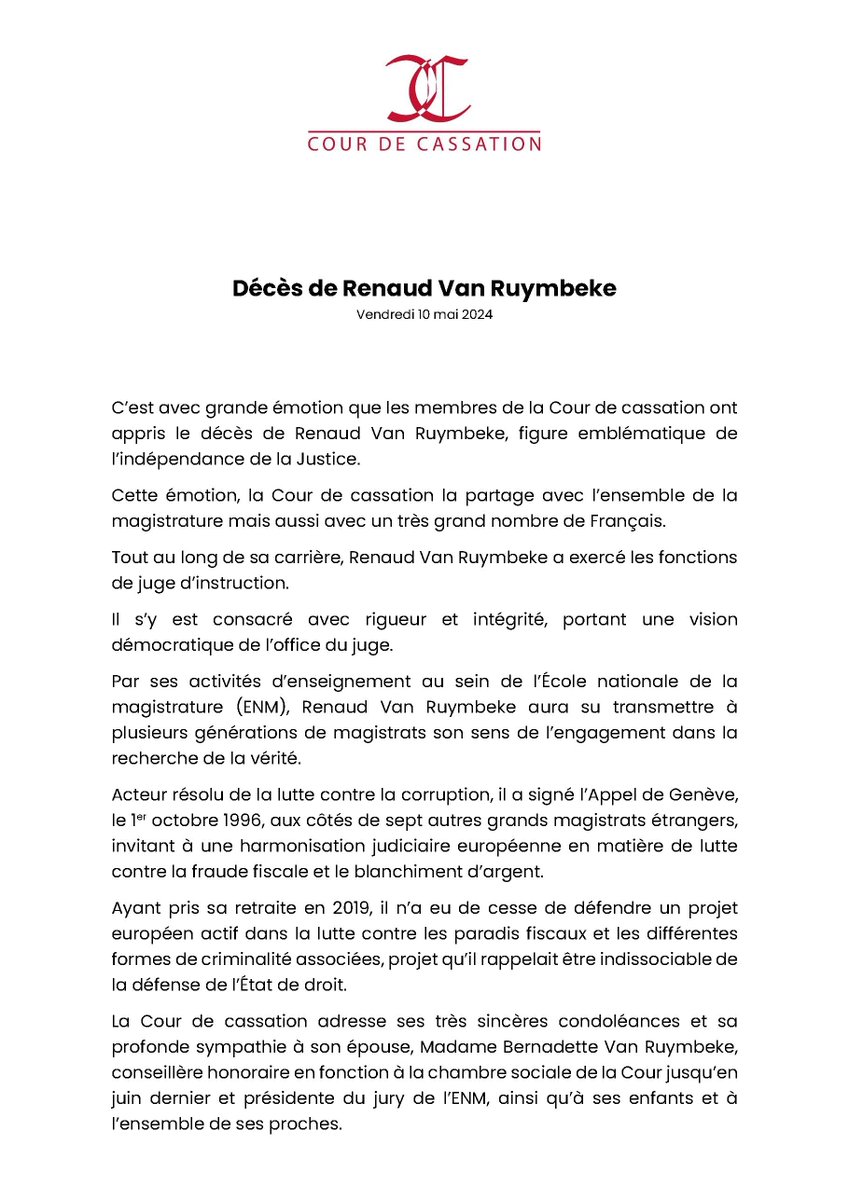 [Hommage] Décès de Renaud Van Ruymbeke. Lire le communiqué de la Cour de cassation courdecassation.fr/toutes-les-act…