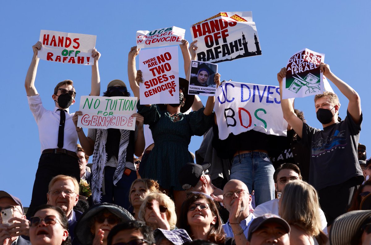 Two more pro-Palestine demonstrations have erupted during the UC Berkeley Law School commencement at the Greek Theater. Security has been told not to move in, protesters continue to chant. “Disclose, Divest, we will not stop we will not rest” @sfchronicle