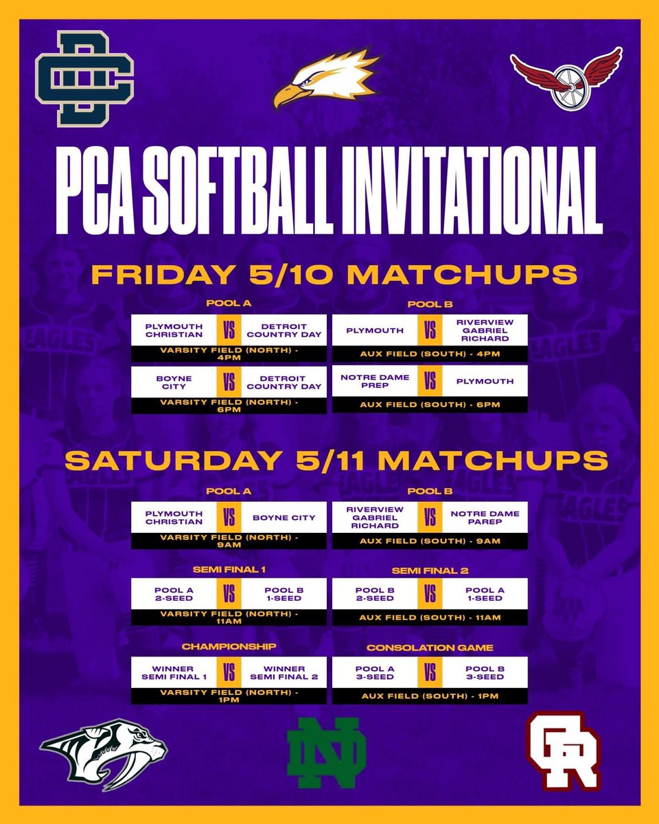 PcaSoftball's tweet image. The 2nd Annual PCA Varsity Softball Invitational kicks off this afternoon at 4pm and continues tomorrow! 

Details are in the schedule graphic - LETS GO 😤

#PCAAthletics
#GoEagles
#AllForHim