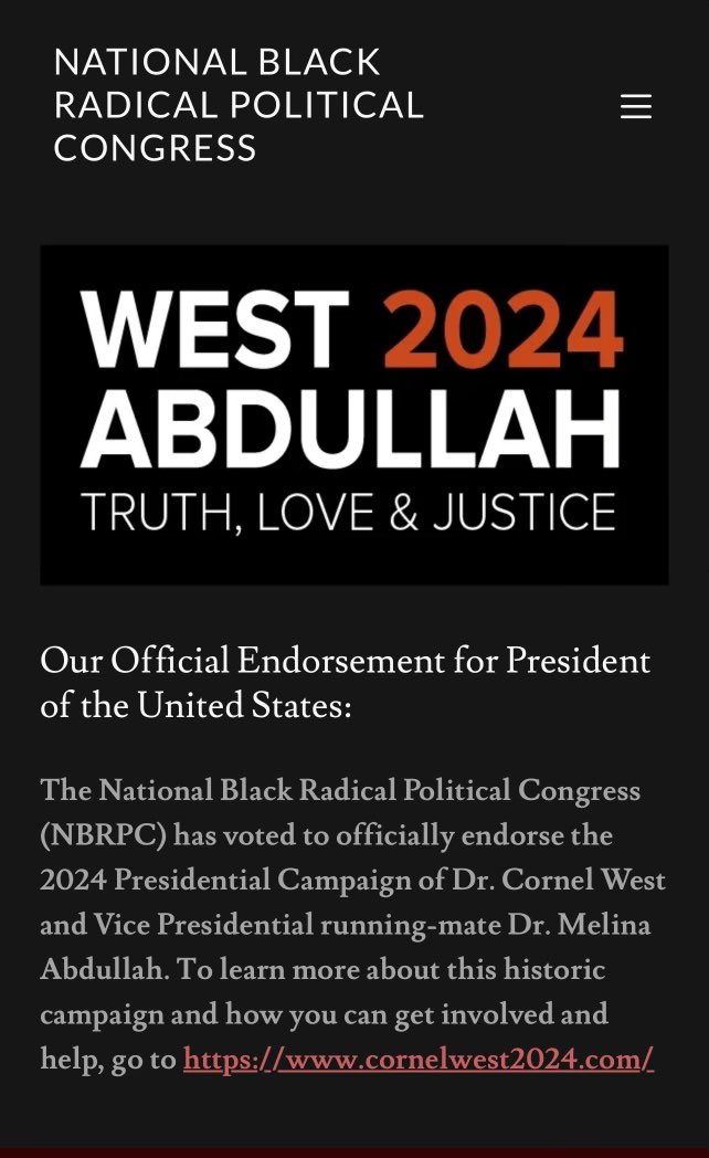 NATIONAL BLACK RADICAL POLITICAL CONGRESS Endorses Cornel West For President 2024
nbrpc.org/news-%26-views
@nbrpc 
I am deeply blessed to be endorsed by this historic organization! ~CornelWest
#TruthJusticeLove
#CornelWest2024