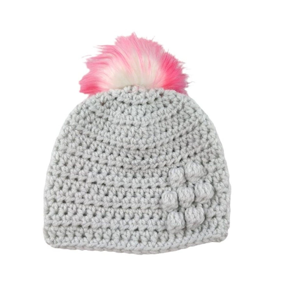 Looking for a unique baby hat? Don't miss this light grey crocheted hat with flower detail. It comes with a detachable white faux fur pompom with cute purple & pink tips. Perfect for your little one. Shop now on #Etsy knittingtopia.etsy.com/listing/168536… #knittingtopia #craftbizparty #MHHSBD
