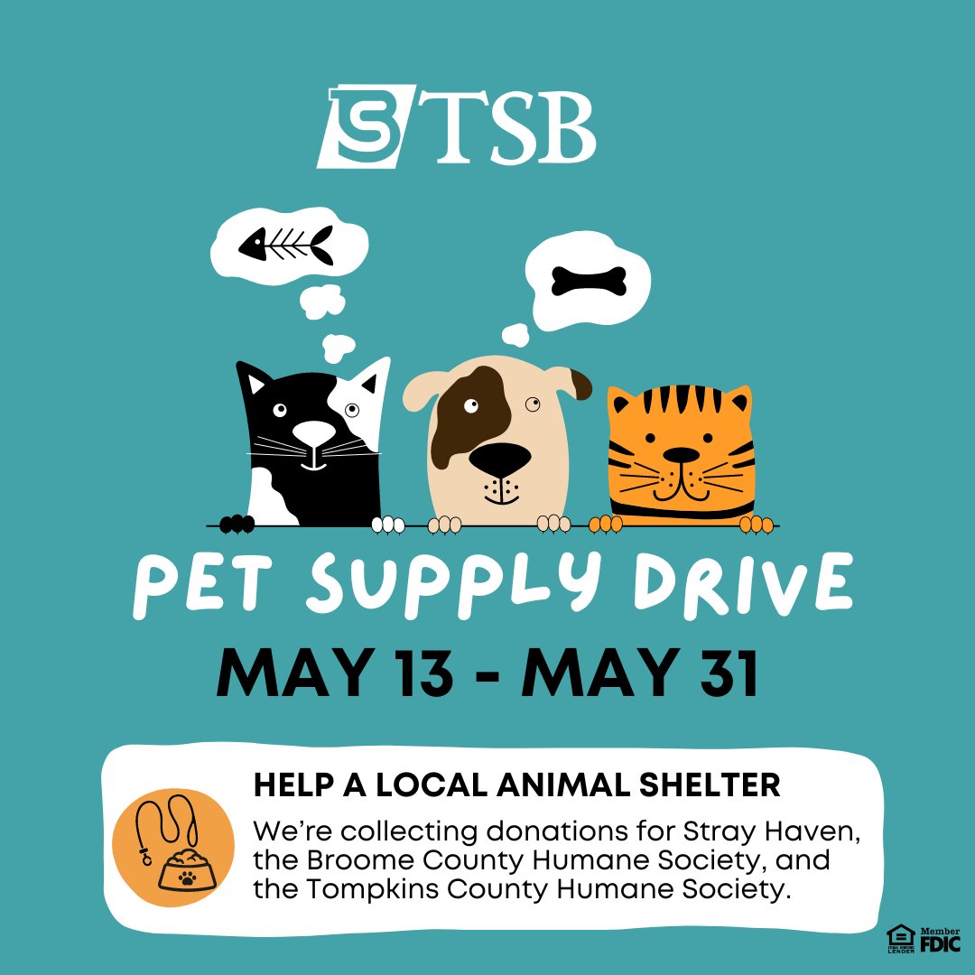 From Monday, May 13th until May 31st, we will collect supplies for Stray Haven, the Broome County Humane Society, and the Tompkins County Humane Society. Supply lists are available in our offices, or you can click here to learn more: trst.in/Tvc7oW
#GiveLocal
