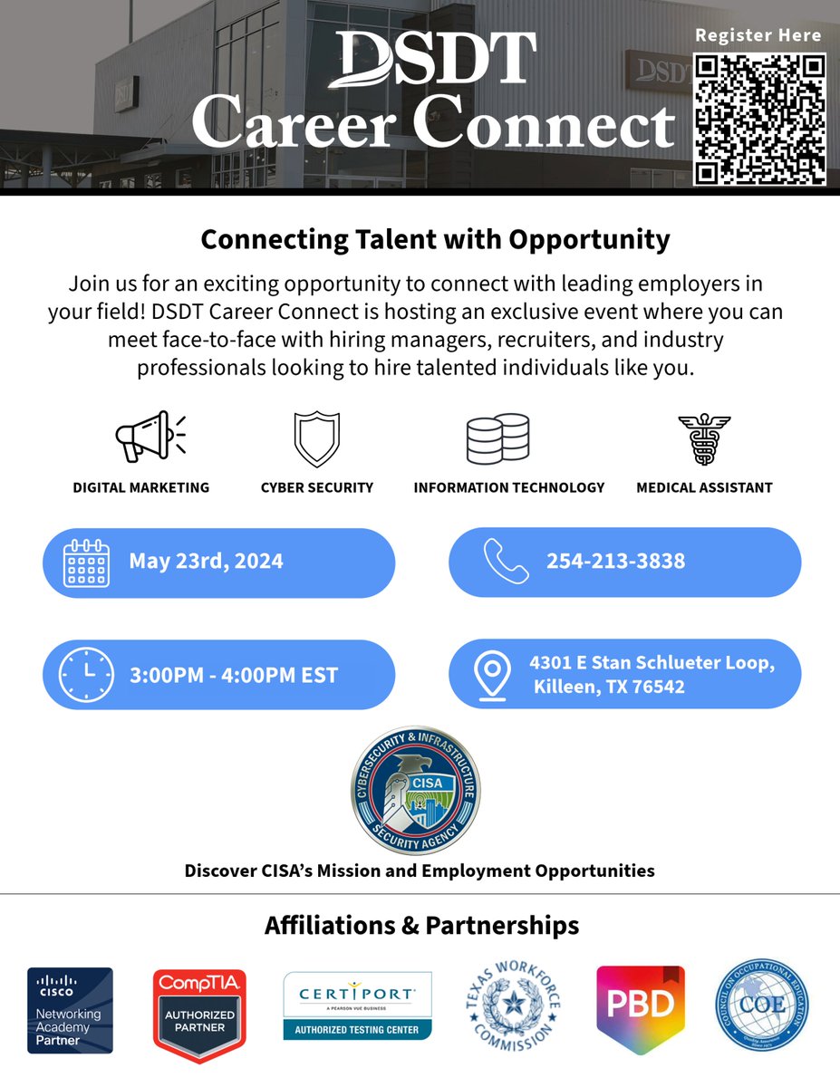 Exciting news! DSDT & CISA are teaming up for a career connect event on May 23, 2024, 3-4PM EST. Join us virtually or at 4301 E Stan Schlueter Loop, Killeen, TX 76542. Discover CISA's mission and employment opportunities. Register now! shorturl.at/msUX5 #CareerConnect #CISA