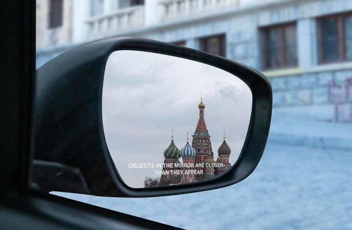 This image is gaining popularity on Georgian social media. With Georgian Parliament on the background and the Kremlin in the side-view, mirror reads: “objects in the mirror are closer than they appear.”