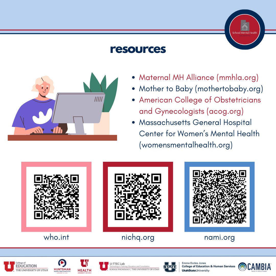 Maternal mental health is a very common, serious and important topic. Some general information is shared in this post, but we encourage you to check out the linked resources. 

#SchoolMentalHealth #UtahSMHCollab 
@Cambia @uofu_hmhi @UUtah @RegenceUtah @USUAggies @UTPublicEd