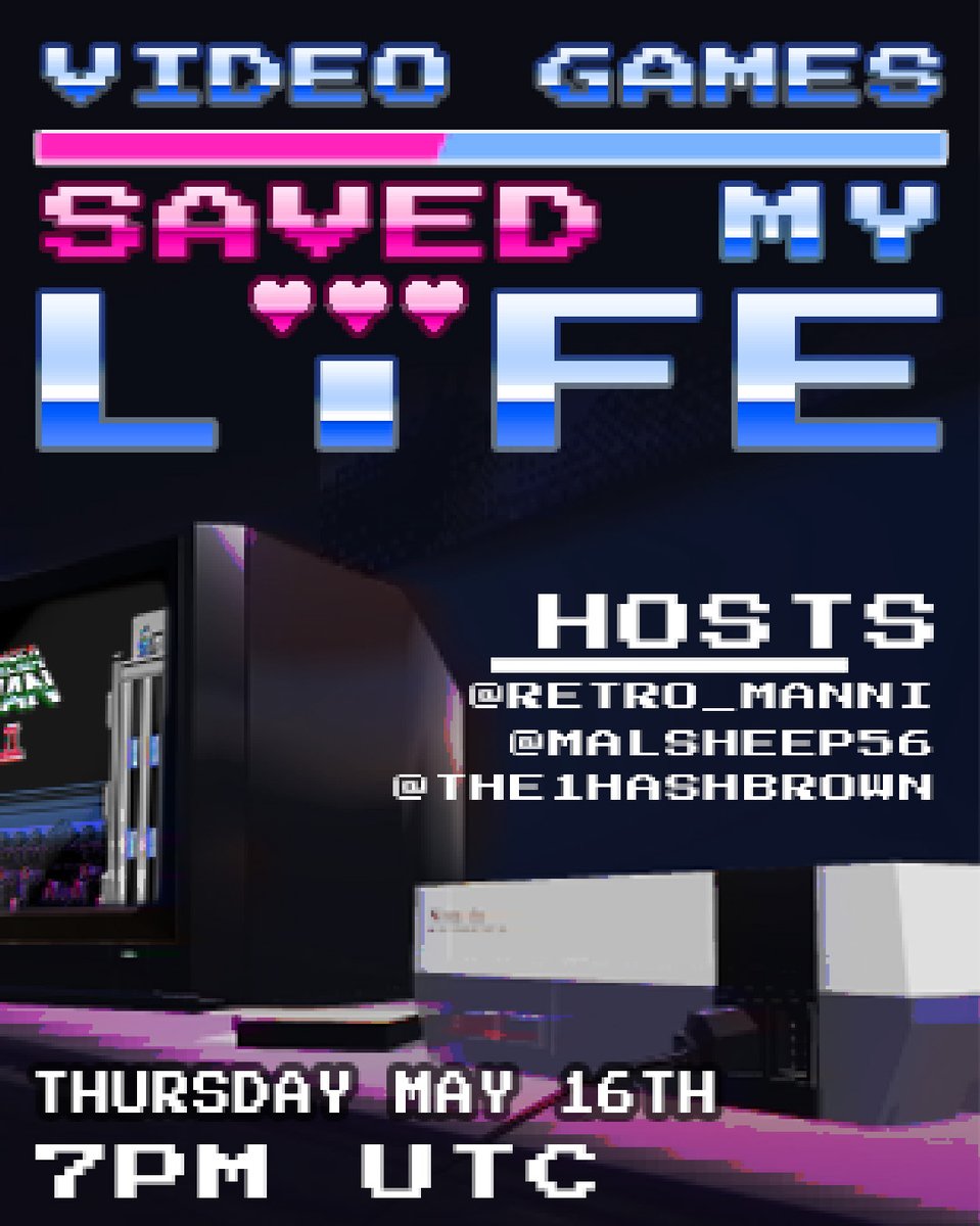 We have a date! 💖 Video Games Saved My Life will go live on May 16th at 3PM ET! Join @retro_manni @the1hashbrown and yours truly for a memory speedrun as we explore our experiences with video games! 🎮🕹 Come share your memories too! ✨ x.com/i/spaces/1eaKb…