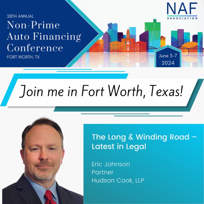 Don't miss <a href="/hudsoncookllp/">Hudson Cook, LLP</a> partner <a href="/EricLJohnson/">Eric Johnson</a> speaking at the 28th Annual National Automotive Finance Association Non-Prime Auto Financing Conference in June. Register for the conference here lnkd.in/ggZSA65Q