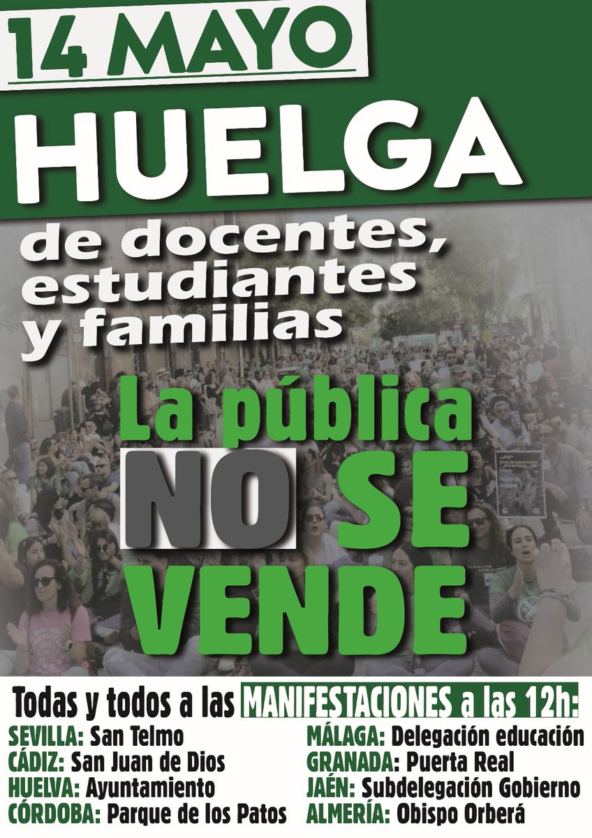 #Huelga14M en defensa de la #EducacionPublica:
✅ Por una bajada de ratio en las aulas
✅ Para que no eliminen más clases en la pública 
✅ Por una mejor atención de alumnado NEAE y NEE
✅ estabilización de interinos 
✅ Creación de más plazas de FP
✅ Menos burocracia 
#14MYoVoy