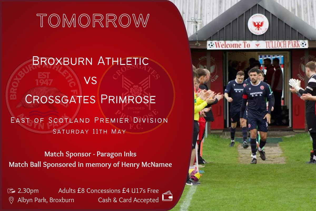 BroxburnAthFC's tweet photo. It's the final league game of the season tomorrow at Albyn Park. Get along for a 2.30pm kick-off and Back the Brox for the final time in the league and as we lift the league trophy! https://t.co/V0SXHdDusd