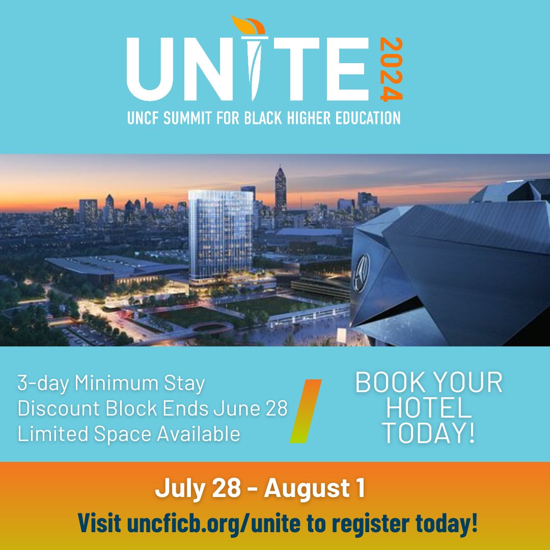 Join us at UNITE 2024 and reserve your stay starting July 28! Limited space available on July 27, so book early. A 3-day stay is required. Take advantage of our special discount block ending on June 28. Secure your spot now! #UNCF #UNITE2024 #InsigniaByHilton