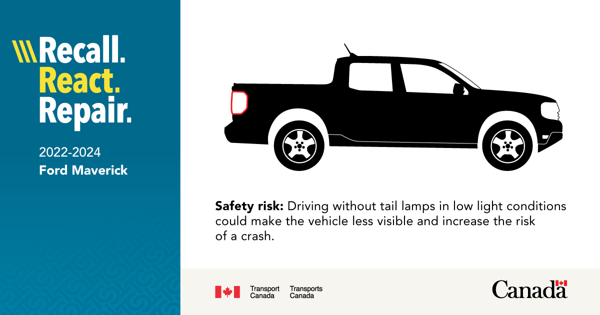 #Recall: On certain 2022-2024 Ford Maverick trucks, a software problem could cause the tail lamps to turn off while driving. As a result, the vehicle could be less visible and increase the risk of a crash. wwwapps.tc.gc.ca/Saf-Sec-Sur/7/…