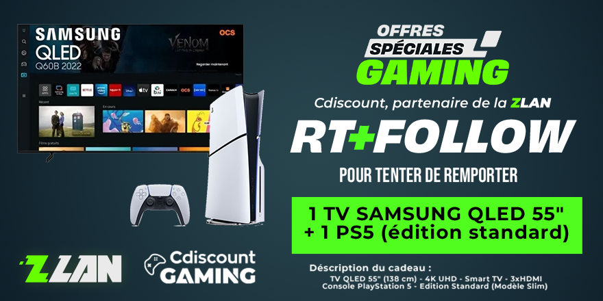 🎁 #Concours #ZLAN2024

Le weekend va être chargé ! Alors pour bien commencer : 
1 TV Samsung QLED 55" + 1 Console PS5 édition standard à gagner !

Pour tenter ta chance :
✔️ RT + FOLLOW <a href="/CdiscountGaming/">Cdiscount Gaming</a>
🍀 TAS le 13/05

#CdiscountZLAN