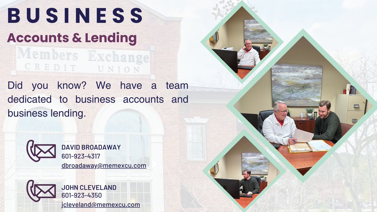 🎉 Happy #NationalSmallBusinessDay! 🎉
 
 At Members Exchange, we are passionate about supporting local businesses. Call or email David or John in our Commercial Lending Department—they're ready to help with your business accounts and loans. 
 
 #SupportSmallBusiness #ShopSmall
