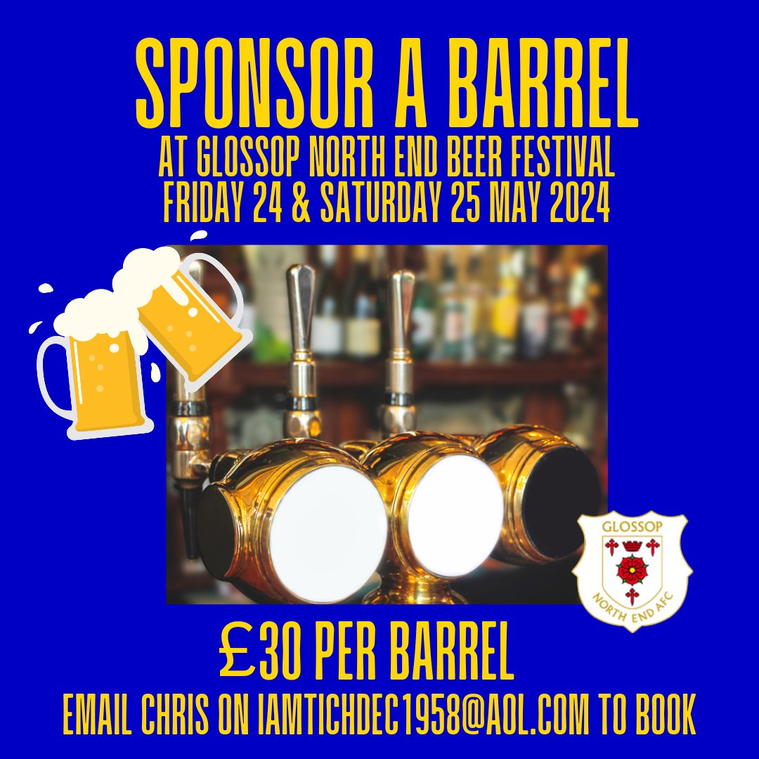 🍺🔵 SPONSOR A BARREL AT THIS YEAR'S BEER FESTIVAL 🔵🍺 For just £30, display your name or company name on one of the barrels at our beer festival! Email Chris on iamtichdec1958@aol.com to book 📧 #Glossop #LoveGlossop #GlossopBusiness #HighPeakBusiness #HighPeak #BeerFestival