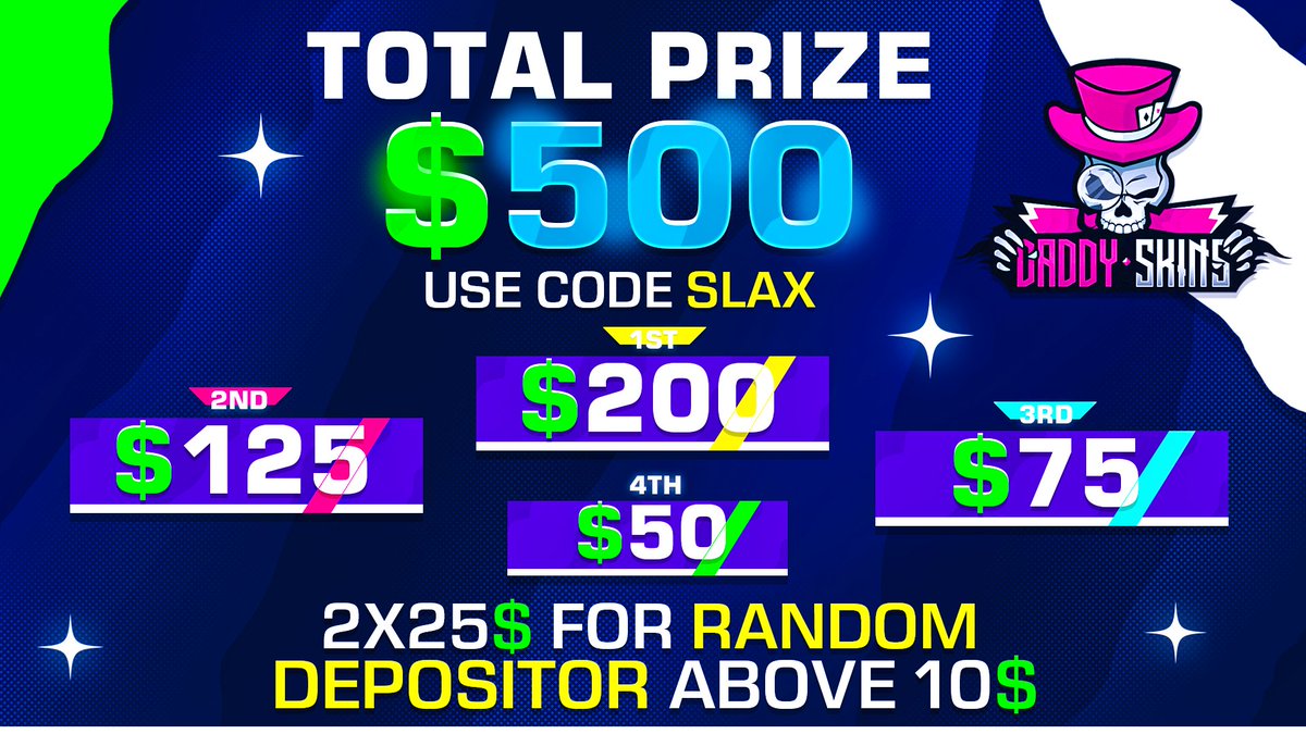 🎉$500 Leaderboard On @DaddyskinsCSGO !🎉

🏅Top deposits;
1⃣ $200 LTC
2⃣ $125 LTC
3⃣ $75 LTC
4⃣ $50 LTC
🚨2x25$ random tickets for above $10 deposit!

⏳Ends 20.05 (Monday)

💰EXTRA $20 For Random RT + TAG
🛑Send *FullScreen* proof in comments and DM! (only the deposits counts