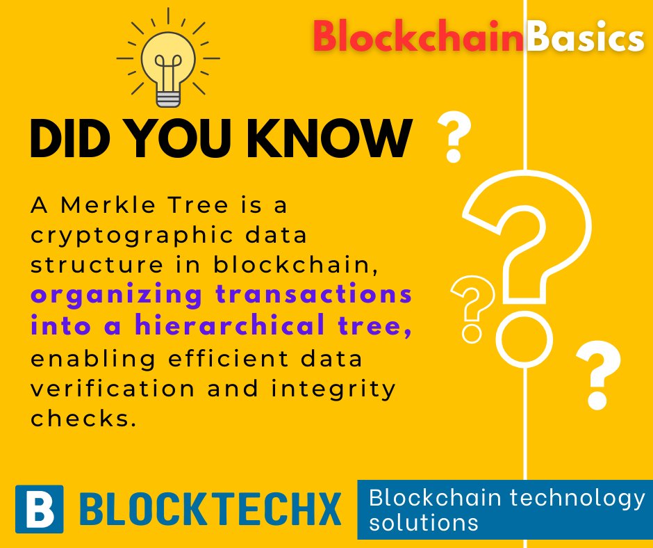 ✅ A Merkle Tree is a cryptographic data structure in blockchain, organizing transactions into a hierarchical tree, enabling efficient data verification and integrity checks.

#BlockchainTech #CryptographicStructures #MerkleTree #DataIntegrity #TransactionVerification #BlocktechX