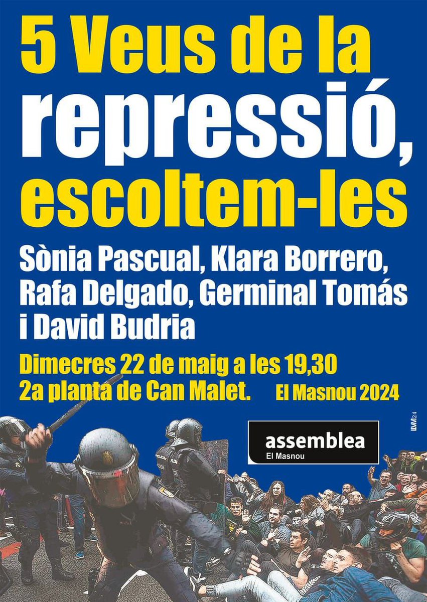 ◼️ Dimecres 22 de maig, les encausades de l’#OperacióJudes serem al #Masnou, a l'acte que organitza l'@ancmasnou. 

Si teniu una estona, apropeu-vos! Explicarem la situació actual del cas i com ens organitzem al marge de les institucions.

#AbsolucióOperacióJudes #AmnistiaTotal