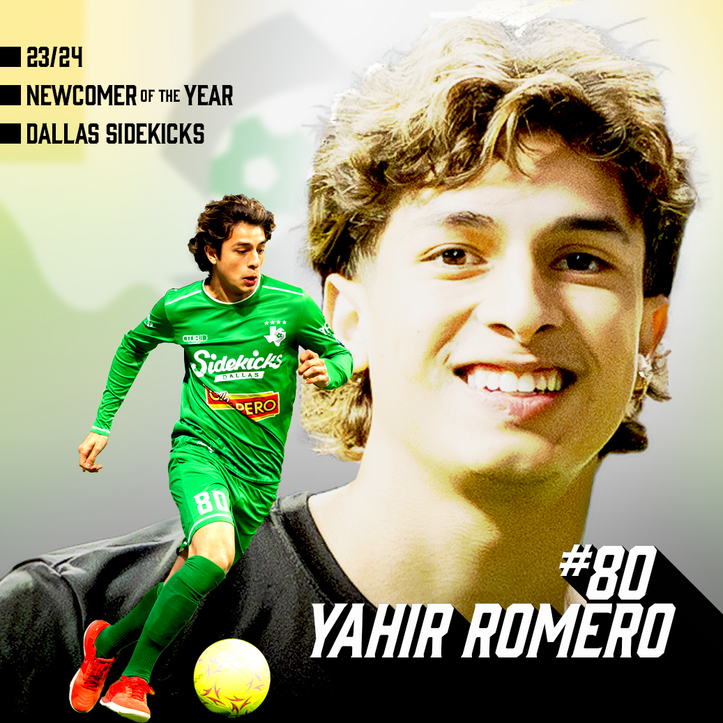 The 2023-2024 Dallas Sidekicks End of Season Award for Newcomer of the Year goes to YAHIR ROMERO! Yahir had hat-tricks in back-to-back games this season and was our 3rd leading scorer. #SidekicksRising